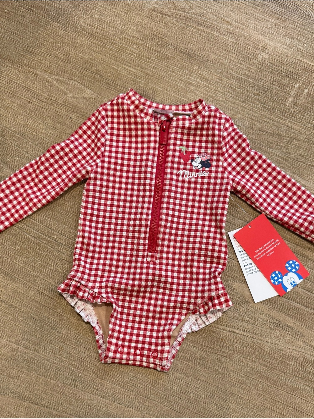 NWT Red Gingham Old Navy x Disney 0-3m Long-Sleeve Kids Minnie Mouse Swim Suit